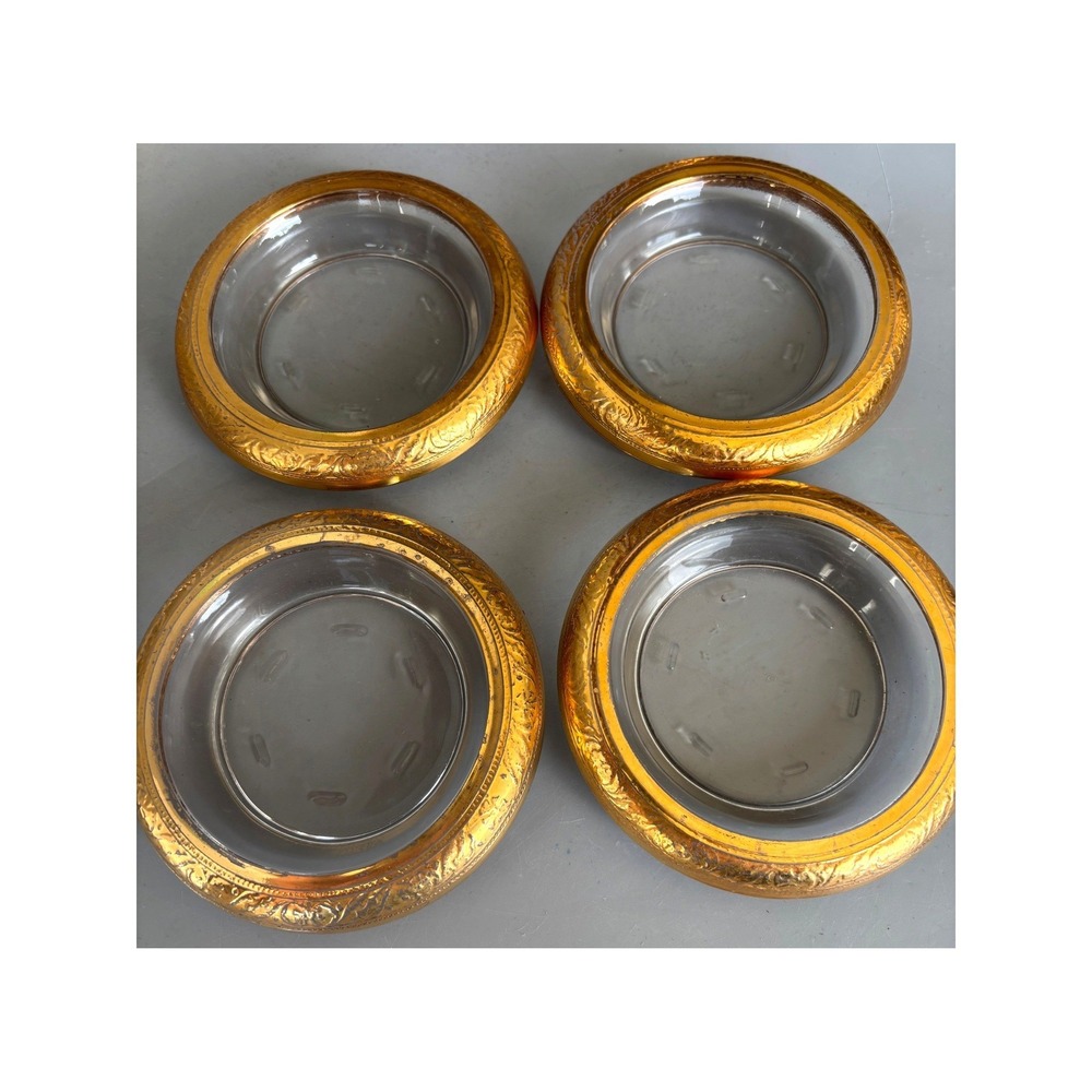 Vtg 4 Pc Glass Coasters with Ornate Gold Tone Metal Rims Floral Embossed